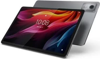 A tablet is shown from a slightly elevated diagonal angle, with its screen displaying a colorful abstract wallpaper and the time.
