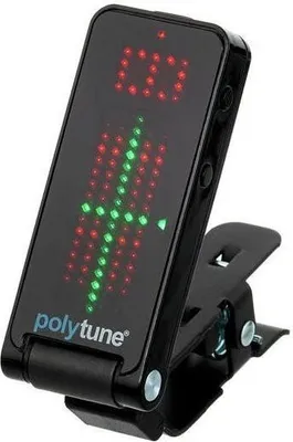 A close-up studio shot of a black TC Electronic PolyTune Clip tuner.