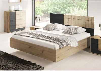 Produktbild von Bettgestell Doppelbett Bettanlage Schlafzimmerbett Bafra (Artisan Eiche/Schwarze Norwegische Kiefer)