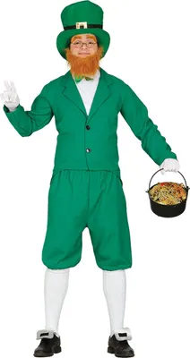 A person wearing a leprechaun costume, holding a pot of gold.