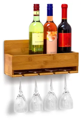 Weinregal Bambus, 4 Flaschen & 4 Gläser, HxBxT 17x37x11,5 cm