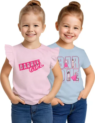 Produktbild von Barbie T-Shirt mit Rüschen für Mädchen Oberteil Kinder Shirt kurzärmlig Blau/Rosa (2er Pack) 110-116