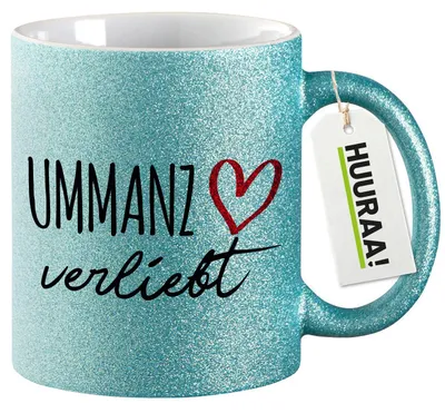 Produktbild von Huuraa Glitzertasse Ummanz verliebt 330ml Blau Keramik Kaffeebecher Geschenkidee
