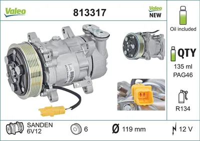 Produktbild von VALEO 813317 6V12 Klimaanlage Klimakompressor PAG 46 R134a passend für PEUGEOT 207 (WA, WC) 206 Schrägheck (2A/C) 206 CC (2D) 307 CC (3B) für CITROËN