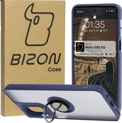 Produktbild von Bizon Case Hybrid Ring Fingerringhülle für Motorola Moto G55 5G, Rauch mit marineblauem Rahmen
