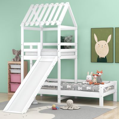 Flieks Patrová postel House Bed Play Tower Bed Dětská postel se skluzavkou a lamelovým rámem 90x200cm+90x100cm Play Bed Postel z borovicového dřeva bez matrace