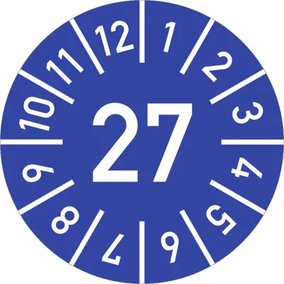 Produktbild von Dreifke® Prüfplakette Jahr 27 mit Monaten, blau, Folie, Ø 25 mm, 10 St./Bo.