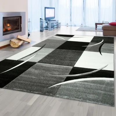 Obrázek produktu pro Designový koberec, moderní koberec, koberec do obývacího pokoje, koberec s krátkým vlasem, koberec s vyřezávanými konturami, kostkovaný vzor, šedá, bílá, černá, rozměry – 60 x 110 cm
