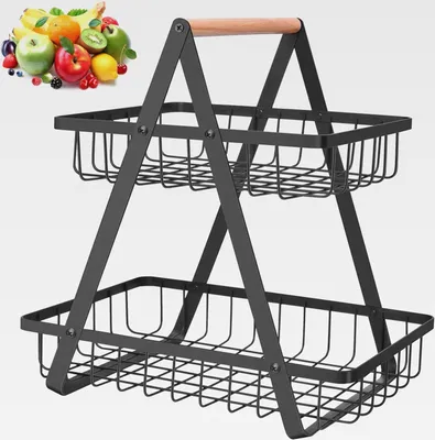 Produktbild von 2 Stöckig Obstkorb Etagere, Abnehmbar Obst Etagere, 2 Stöckig Metall Schwarz Obstschale für Brot, Gemüse, Snacks, Eckregal Stehend Aufbewahrung Küche