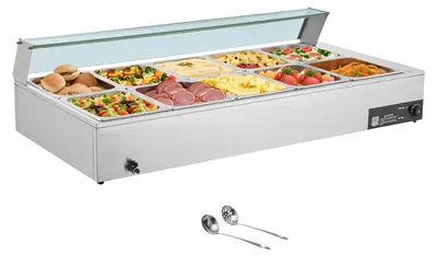 Obrázek produktu pro Elektrický ohřívač jídla SucceBuy s 10 menšími nádobami, výkon 1,7 kW, nerezová ocel, skleněná víka a lžíce na polévku, ideální pro catering, restaurace a oslavy
