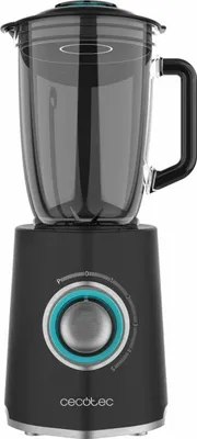 A black Cecotec stand mixer with a glass pitcher and a silver dial with teal accents is shown against a white background.