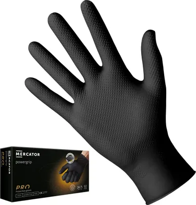 Produktbild von Vinylhandschuhe MERCATOR SIMPLE VINYL, 50 Stück, Einweghandschuhe, puderfreie schwarz Schutzhandschuhe, durchsichtige, Einmalhandschuhe, Gr. XXL (Power_Grip_XXL)