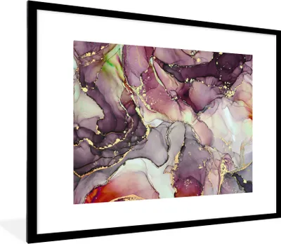 Produktbild von MuchoWow® Gerahmtes Poster Marmor - Rot - Lila - Gold 80x60 cm - Poster mit Schwarzem Bilderrahmen Wandposter Rahmen Foto Bilder - Schlafzimmer-Dekorationen - Fotoposter