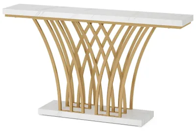 Produktbild von Konsolentisch 150 cm - Moderner Flur Beistelltisch - Metallgestell in Gitteroptik - Rechteckige Tischplatte - Eisen - Goldfarben