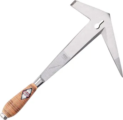 A slate hammer with a wooden handle is shown against a white background.