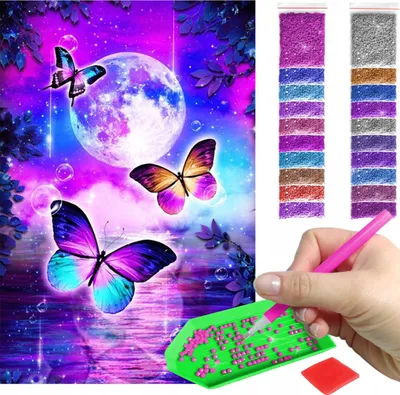 Zdjęcie produktu dla Haft diamentowy ARTULIO - Kolorowe motyle przy księżycu fantasy - 60 x 40 cm - Kwadratowe diamenty - Diamond painting, Kompletny zestaw: mozaika + akcesoria