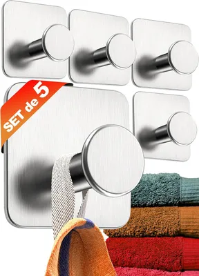 Image de Porte-serviettes sans perçage – Moderne, couleur argent, pour salle de bain – Crochet adhésif en acier inoxydable pour fixation murale