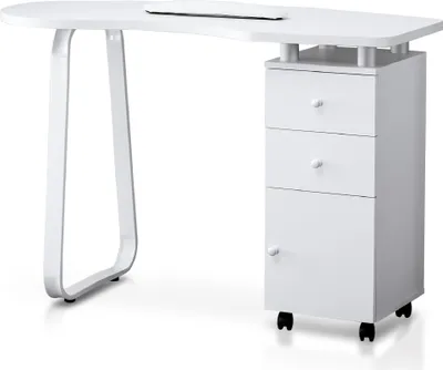 A white nail desk with drawers and a curved leg.
