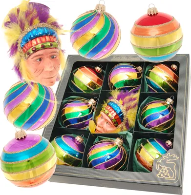 Produktbild von Krebs Glas Lauscha - Weihnachtsdekoration/Christbaumschmuck aus Glas - Weihnachtskugeln Bright & Colorful Xmas Indianer- 9 Stück - Größe: 8 cm + GRATIS 3er Set Sticker