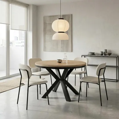 Image de Table ronde à rallonges pour la salle à manger RAL avec piétement en anneau, style loft, industriel, diamètre : 100 / 150 cm, couleur : chêne Sonoma / noir