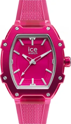 A close-up studio shot of a pink Ice-Watch.