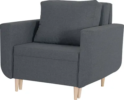 A studio shot of a gray armchair with wooden legs.