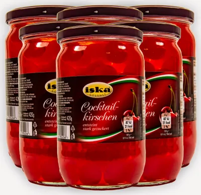 Produktbild von Food-United Cocktail-Kirschen rot entsteint ohne Stiel 6 Gläser 770g ATG 420g