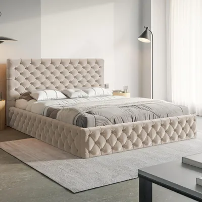 Produktbild von MOTIVENA Dalia Chesterfield Polsterbett 180x200 mit Bettkasten, Holz Lattenrost, Bett 180x200 Beige Samt (Amor 04)