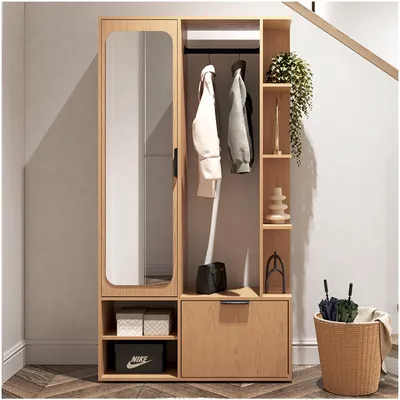 Produktbild von MEBLINI Garderobenschrank Flur mit Spiegel - Garderobe Schrank - Flurgarderobe schmal - Garderobe Flur Möbel Set - Flurschrank hoch - NADIA - 100x33x190cm R/L - Bookmatch Eiche