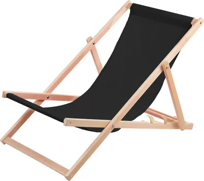 A black fabric deck chair with a wooden frame, shown against a white background.