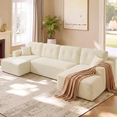 Produktbild von VASAGLE U-Form Sofa 6-Sitzer Modulares Cord Sofa mit Kissen 336 x 154 x 89 cm Weiß
