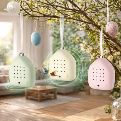 Produktbild von RELAXOUND Lily Bells – Dekorativer Klanghänger mit Bewegungsmelder, Vogelgezwitscher, Chimes & Wasserklänge, 3er Vorteilsset (Gelb, Grün, Rosa)