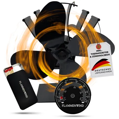 Produktbild von FLAMMENWIND Premium Kaminluft Wärmeverteiler - ohne Strom mit Thermometer, schwarz