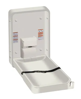 Vertikal Klappbarer Baby Wandwickeltisch aus bakterienresistentem Kunststoff von ASI. Mit Sicherheitsgurt. Polyethylen. Art. 9015.