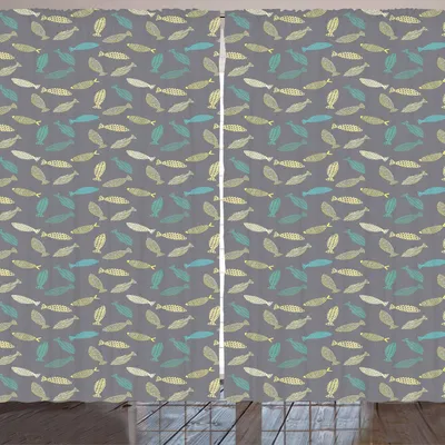 Produktbild von ARANDE Fisch Gardine, Figuren Abstrakte Fische verziert mit Punkt-Streifen und Dreiecke auf grauen Hintergrund, 280 x 245 cm, Mehrfarbig