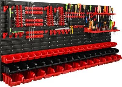 Image de Système de rangement Étagère d'atelier | 172 x 78 cm | 53 pièces Boîte | Étagère murale avec supports pour outils et boîtes empilables - Panneaux muraux Étagère à bacs extra-robuste Panneau perforé pour outils Étagère de rangement Étagère de garage