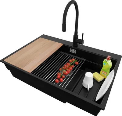Produktbild von PRIMAGRAN Granitspüle Schwarz 78x53cm, Spülbecken 1 Becken + Küchenarmatur 40x38cm + Ablauf-Set + Küchenzubehörset, Küchenspüle ab 80er Unterschrank - Oslo Max