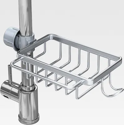 Produktbild von Wasserhahn Lagerregal, Spülbecken Organizer, Küchenarmatur Schwammhalter, Spülbecken Organizer Hängend, Wasserhahn Ablauf Rack, Aluminium, Ohne Bohren,für Schwamm, Bürste, Lappen (Silber)
