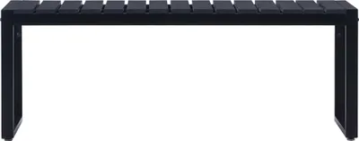 A black garden bench with a slatted seat and metal legs, photographed against a white background.