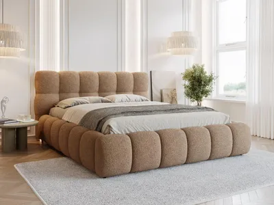 Produktbild von FurniDe24 Polsterbett Ted 200x200 cm - Bett 200x200, Polsterbett mit Bettkasten & Lattenrost - Bouclé-Stoff - Bett Hellbraun (Quelle 18)