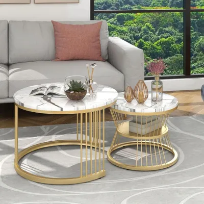 Image de Tables rondes d'appoint - Table basse - Table d'appoint - Tables gigognes - Table d'accent - Aspect marbre blanc
