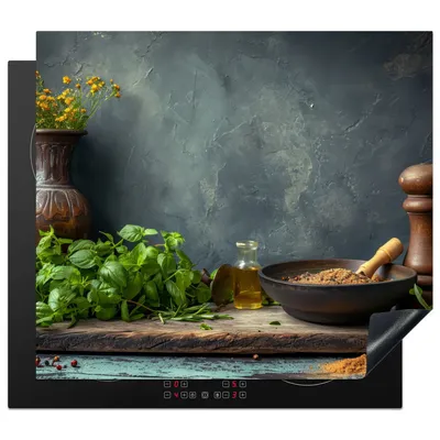 Produktbild von KitchenYeah© Herdabdeckplatte Stilleben - Küche - Kräuter , 58x51cm, Küche Deko, Glaskeramikkochfeld Herdabdeckung, Abdeckplatte fùr Kochfeld