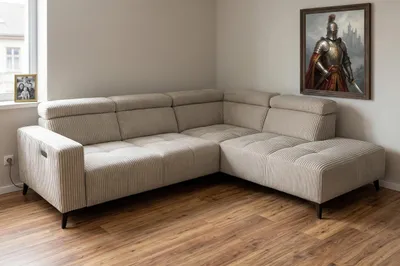 Image de Canapé d'angle moderne en velours côtelé gris clair avec fonction relax électrique | Appuie-tête réglables | Design raffiné