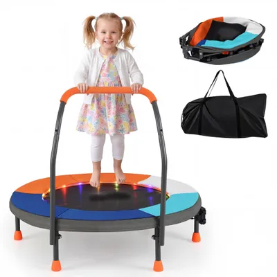 Produktbild von COSTWAY Ø90 cm Kinder Trampolin, Minitrampolin mit LED Beleuchtung, Fitness Trampolin mit Griff & Tragetasche, Gartentrampolin klein für Kinder ab 3+