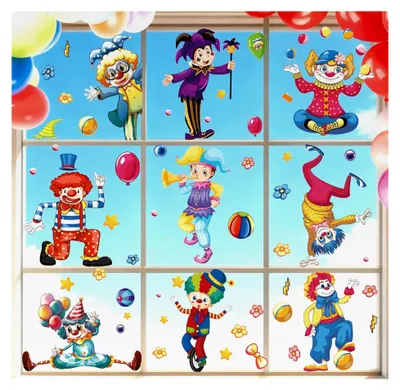 Produktbild von Selbstklebende Clown Fensterbilder für Karneval, 9-teilig, Wiederverwendbare Fensteraufkleber für Fenster, Kühlschrank und Fliesen, Ideal für Faschings- und Geburtstagspartys im Kinderzimmer