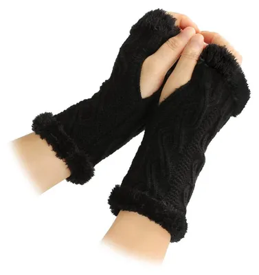 Produktbild von Damen Fingerlose Handschuhe Plüsch Handgelenk Warmere Armstulpen mit Daumenloch Schwarz