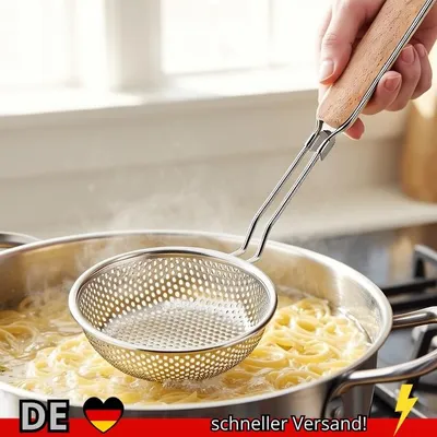 Produktbild von Edelstahl-Sieb mit Holzgriff – Feinmaschiger Skimmerlöffel Zum Kochen