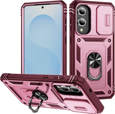 Produktbild von Hülle für Samsung Galaxy S25 Edge, Schiebe Kamera Schutz Stoßfest Schutzhülle mit Ringhalterung Ständer Rosa