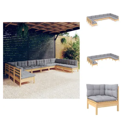 Produktbild von vidaXL 10-tlg. Garten-Lounge-Set mit Grauen Kissen Kiefer Massivholz -  Gartenmöbel-Sets