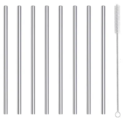 Obrázek produktu pro Nerezové ocelové brčka, opakovaně použitelné, 8 kusů, průměr 6 mm, délka 150 mm, stříbrné barvy, s kartáčkem